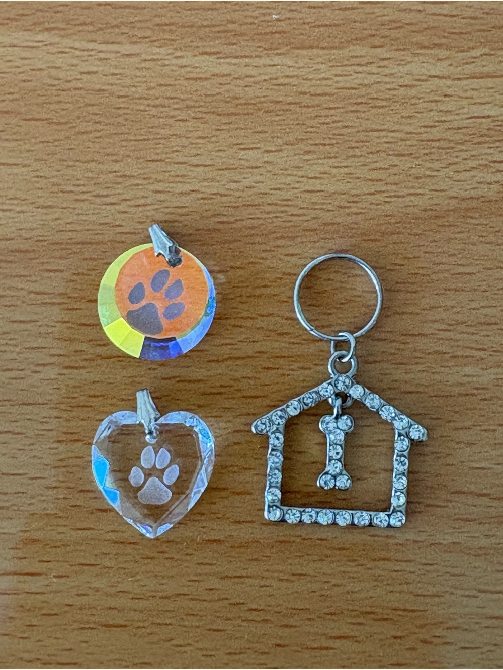 Lot of 3 Dog-Themed Crystal Pendants & Charms – Paw Print Heart Bone-In Doghouse